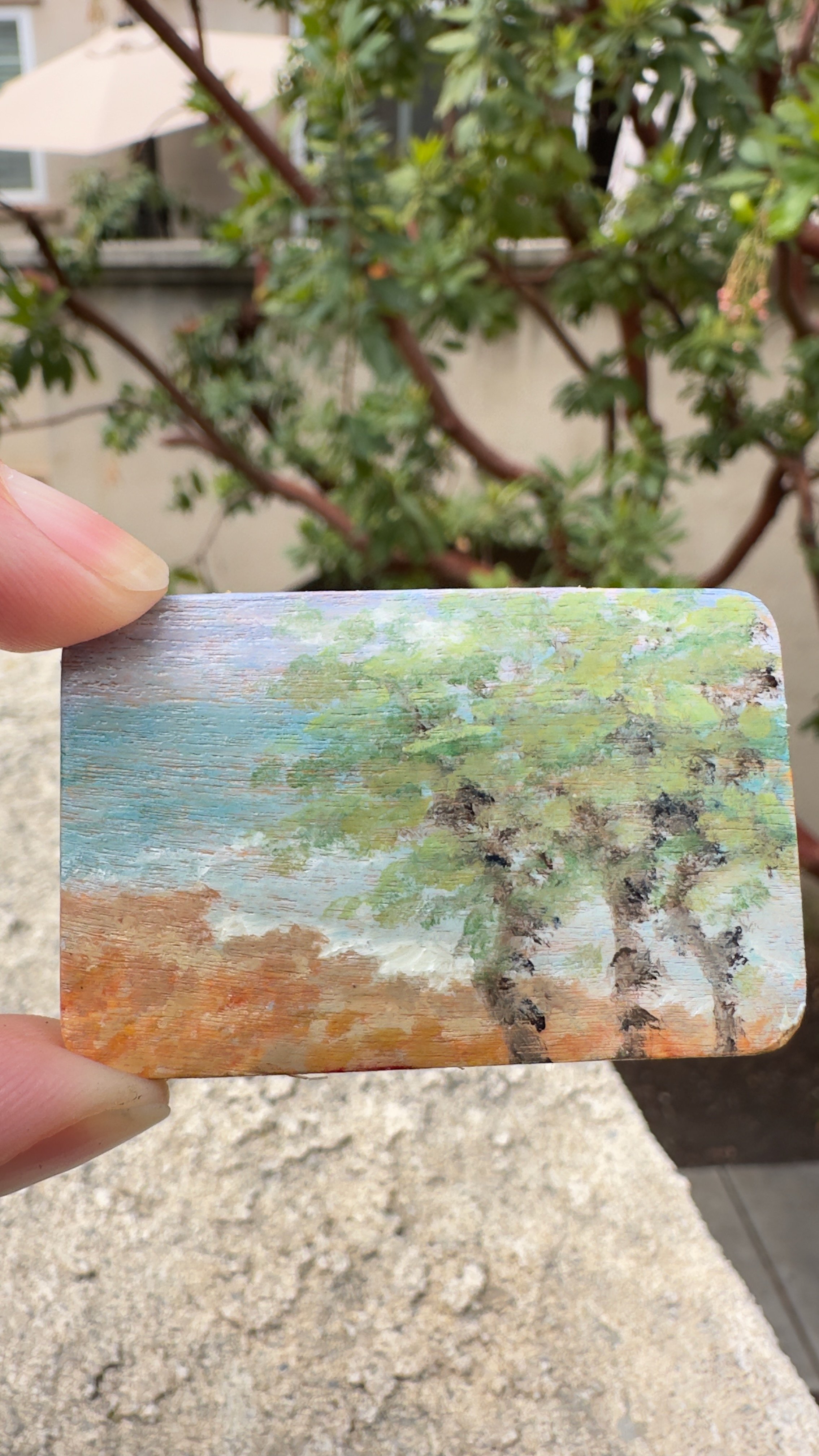 Miniature original oil painting Hawaii infinity pool trees turquoise water panel held up dianalisa