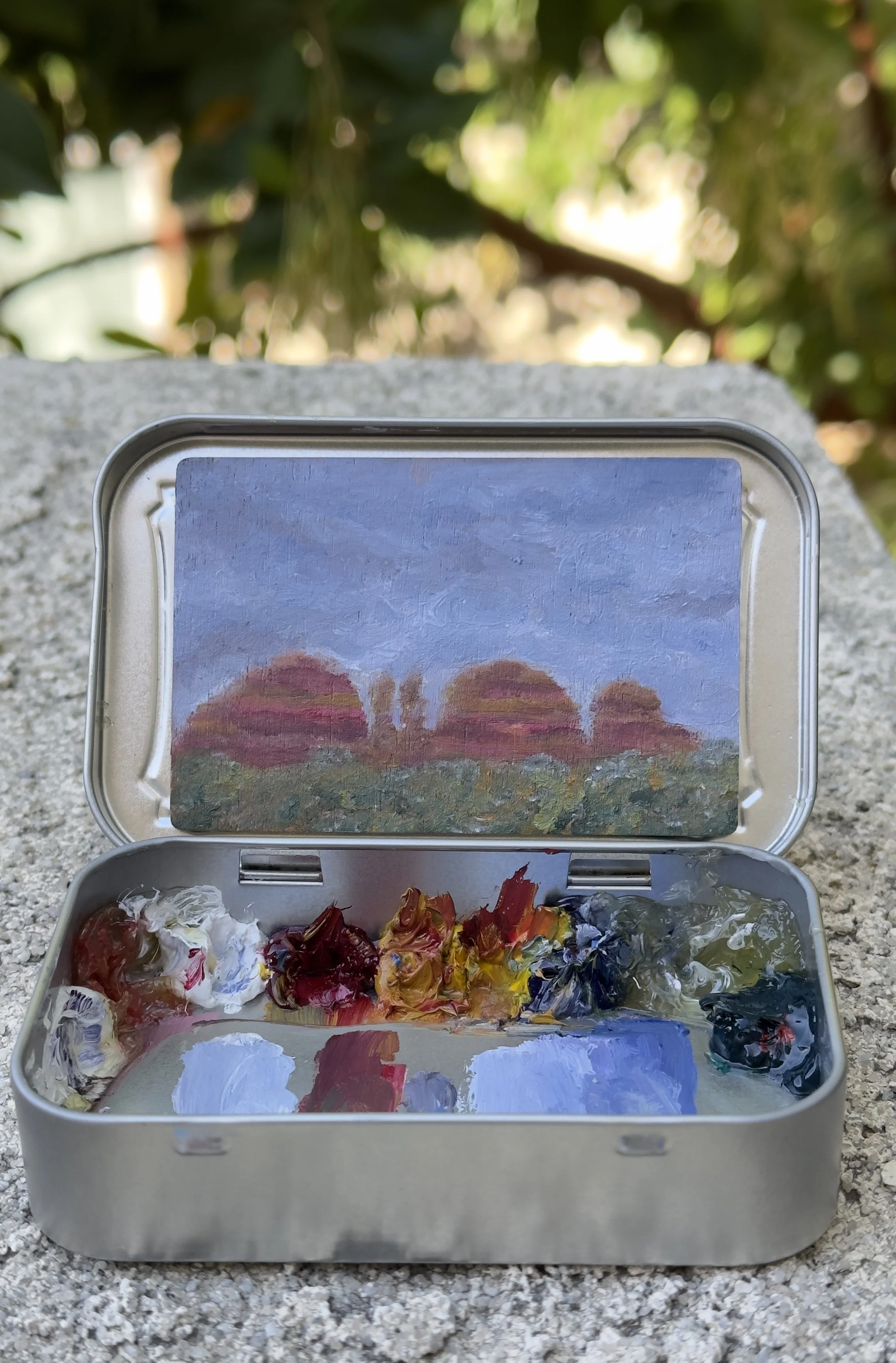 red rock afterglow coconino national forest original plein air oil painting altoids tin sedona arizona