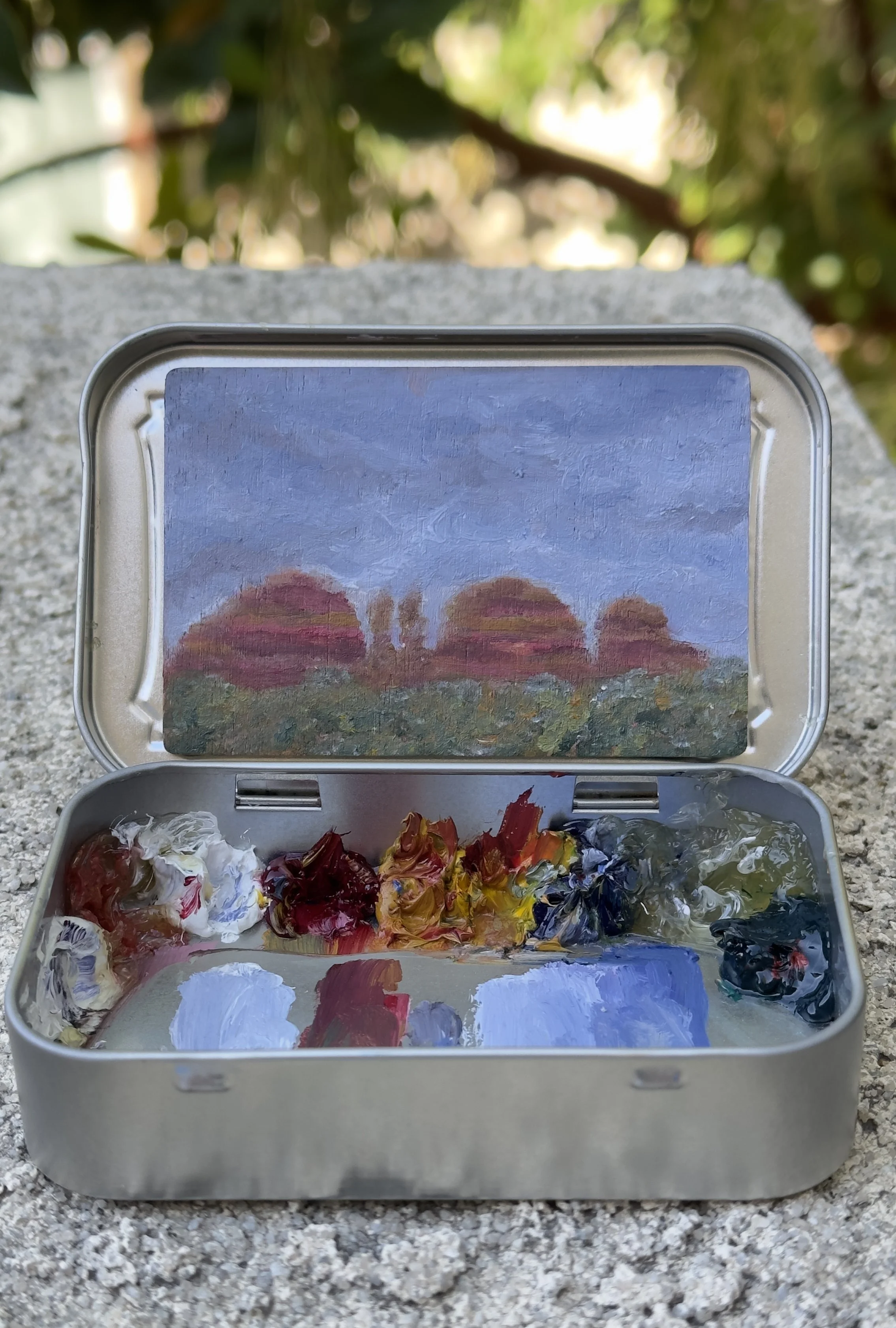 red rock afterglow coconino national forest original plein air oil painting altoids tin sedona arizona