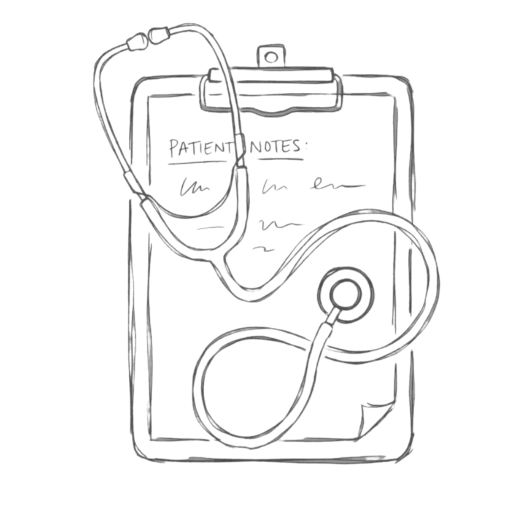 Sketch of a medical clipboard with handwritten notes labeled 'PATIENT NOTES:', a stethoscope draped over the clipboard, and an otoscope placed on top of the clipboard, with a smartphone or tablet underneath.