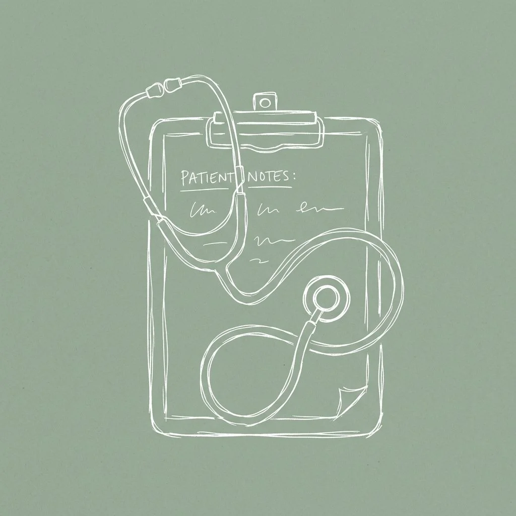 Line drawing of a stethoscope and clipboard