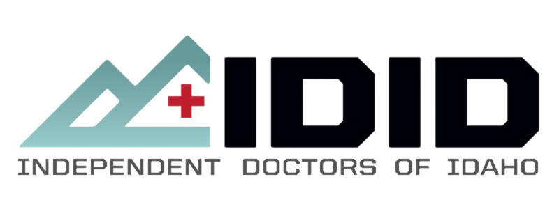 Logo for Independent Doctors of Idaho featuring stylized mountains, a medical cross, and the text 'IDID' with a subtitle.