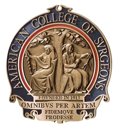 Seal of the American College of Surgeons featuring two seated women with a tree between them, one reading, the other holding scales, with the text 'Founded in 1913' and the Latin phrase 'Omnibus Per Artem Fidemqve Prodesse'.