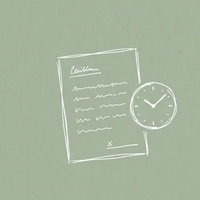 line drawing of a document and a clock