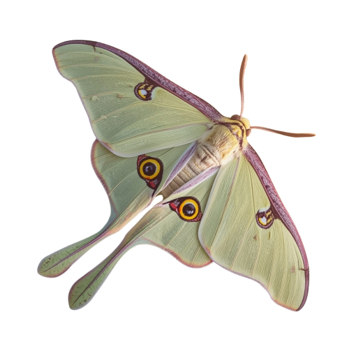 A green butterfly with eyespot markings on its wings.