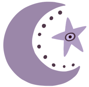 A stylized illustration of a purple crescent moon with a star and smaller dots inside it, representing a night sky.