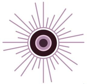 Stylized eye with concentric circles and radiating lines in purple shades