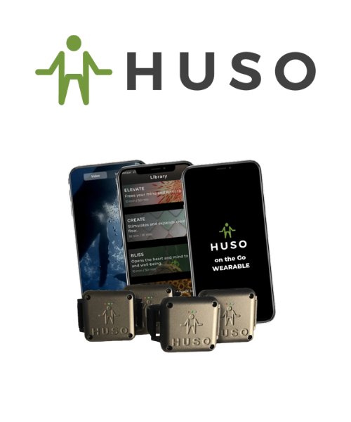 HUSO wearable device with three attached modules, two smartphones displaying app interfaces, and the HUSO logo with the slogan 'on the go wearable'.