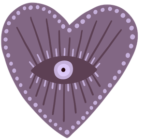 Purple heart with a single eye in the center and radiating lines around it.