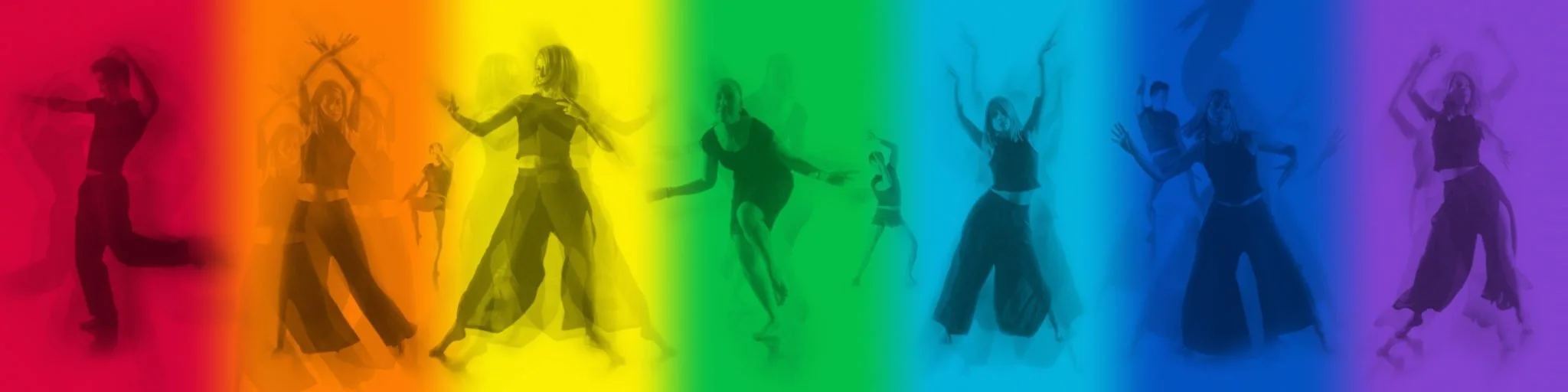 Group of people dancing on a rainbow-colored background.