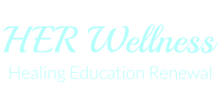 HER Wellness logo with the tagline 'Healing Education Renewal' in light blue and white text on a black background.