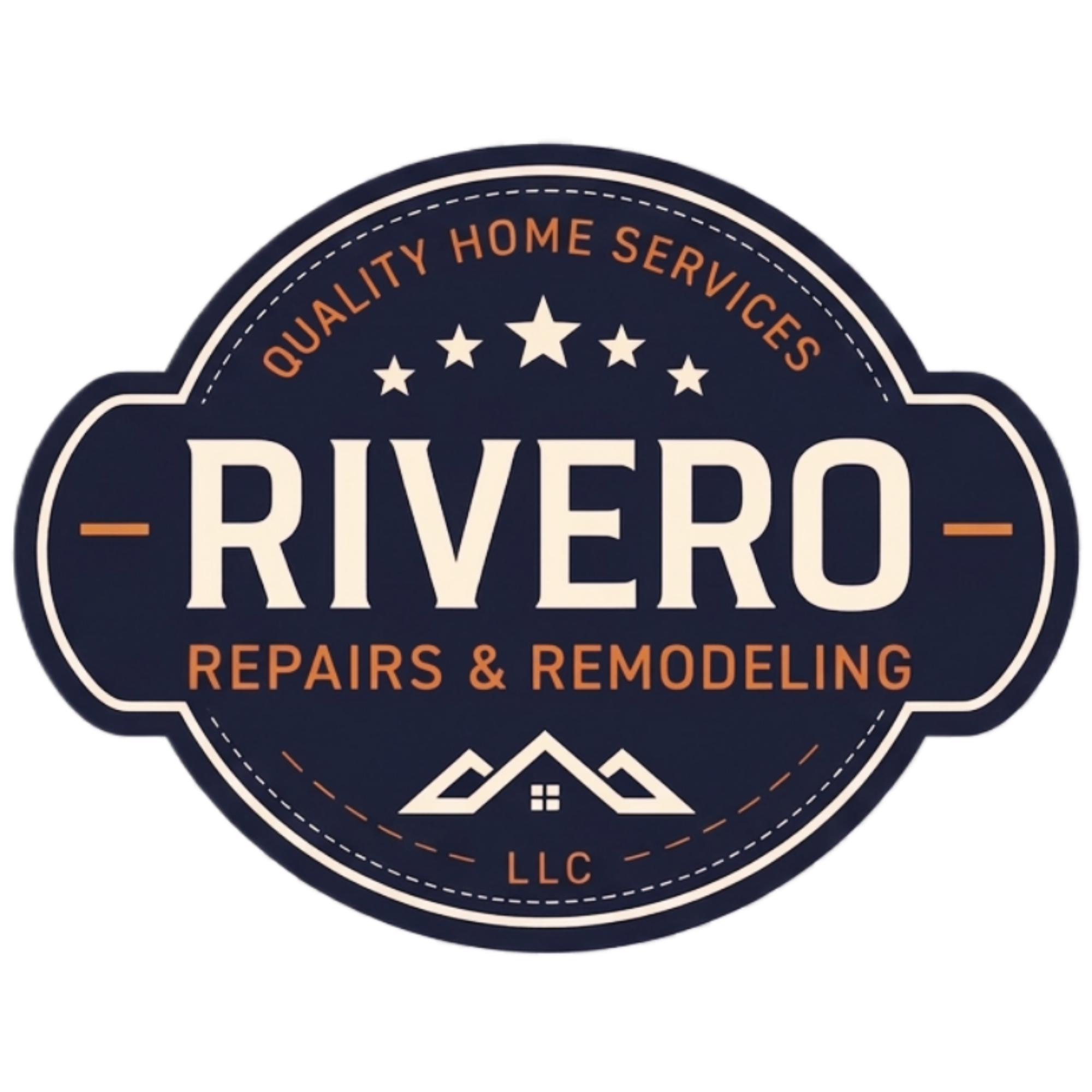 Logo for Riveo Repairs & Remodeling featuring a dark blue background with orange and white text, stars, and a house roof icon.