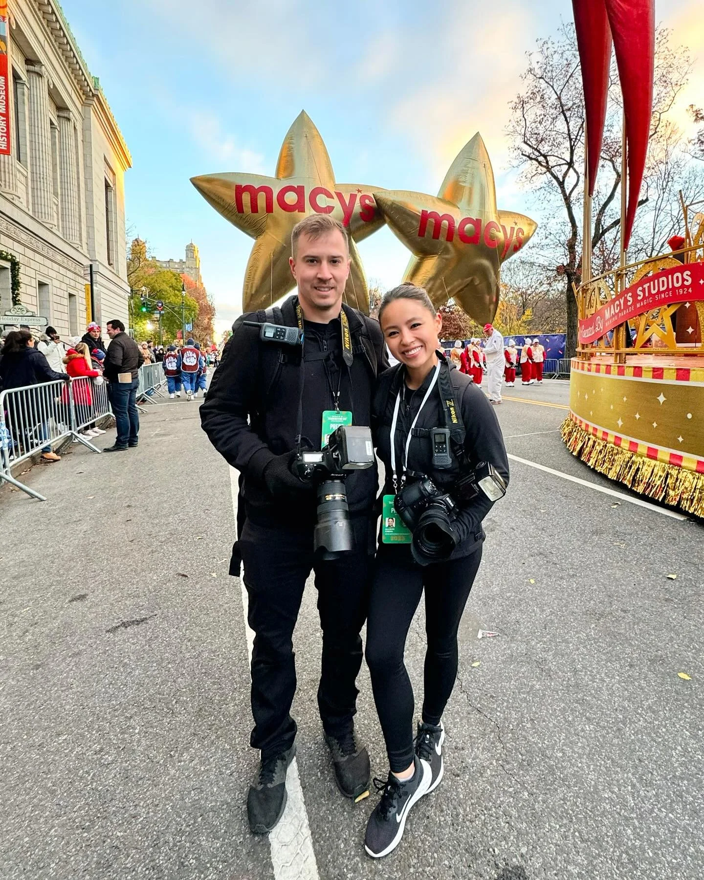 Photographers Allison Mott and Joseph Mott on-site for the Macy’s Thanksgiving Day Parade event coverage in New York City.