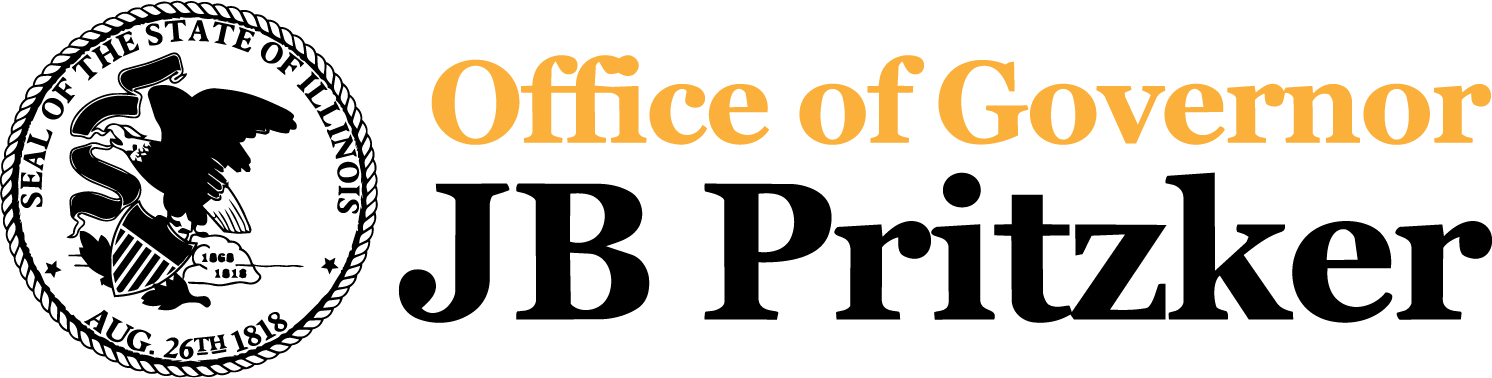 'Office of Illinois Governor J.B. Pritzker' logo with yellow and black graphics and lettering.