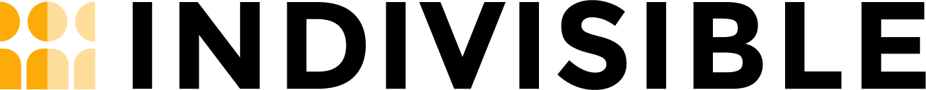 'Indivisible' (The Indivisible Project) logo with yellow and black graphics and lettering.