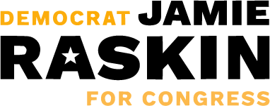 'Democrat Jamie Raskin for Congress' logo with yellow and black graphics and lettering.