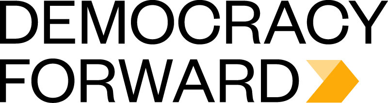 'Democracy Forward' logo with yellow and black graphics and lettering.