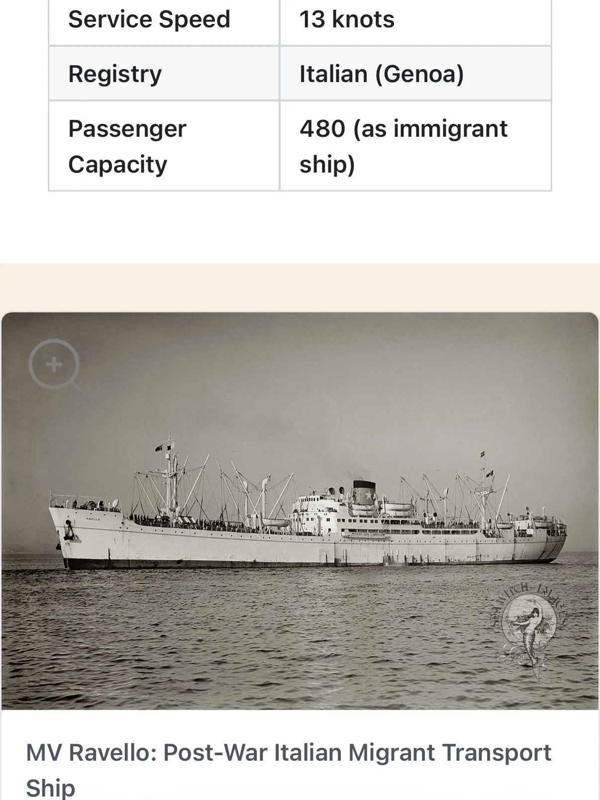 Did some research and found the ship my nonna took in 1951 to come to Australia. It started in Genoa, went down to Messina, where she boarded and it proceeded to stop in Fremantle and she disembarked at Port Melbourne. It was about a 40 day trip. She