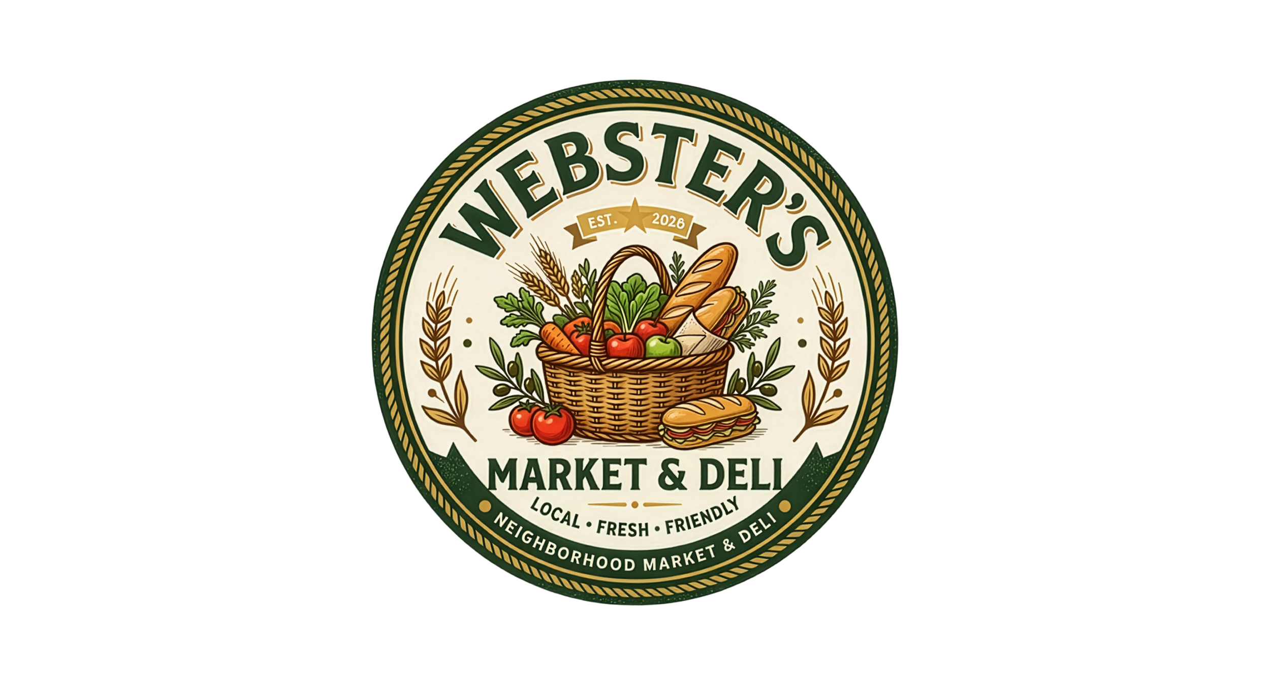 Logo for Webster's Market & Deli featuring a basket of fresh vegetables, bread, and a sandwich, with text highlighting it's a local, fresh, friendly neighborhood market and deli established in 2026.