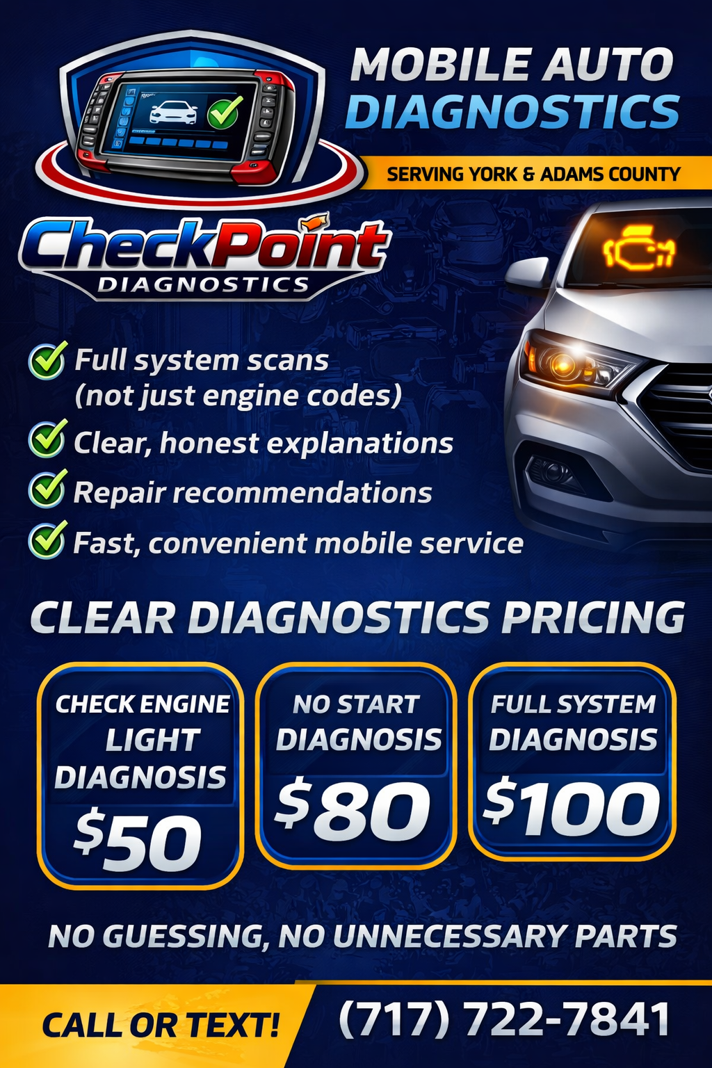 Advertisement for CheckPoint Diagnostics offering mobile auto diagnostics services in York and Adams County. Features include full system scans, clear explanations, repair recommendations, and mobile service. Pricing details for engine light diagnosis, no-start diagnosis, and full system diagnosis. Contact number provided.