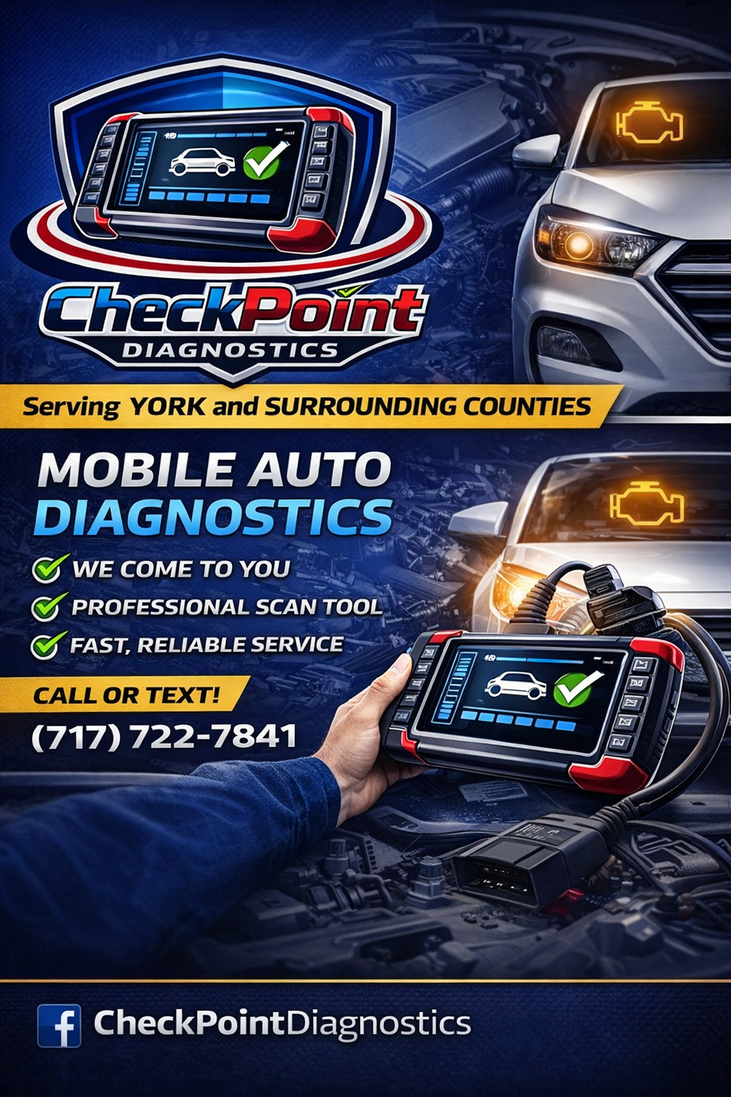 Advertisement for Check Point Diagnostics, a mobile auto diagnostic service serving York and surrounding counties. It features a hand holding a diagnostic scanner, a car with check engine light, and contact information.