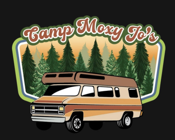 A logo for Camp Moxy Jo's featuring a vintage-style camper van in front of a forest background with pine trees, and the text 'Camp Moxy Jo's' at the top.