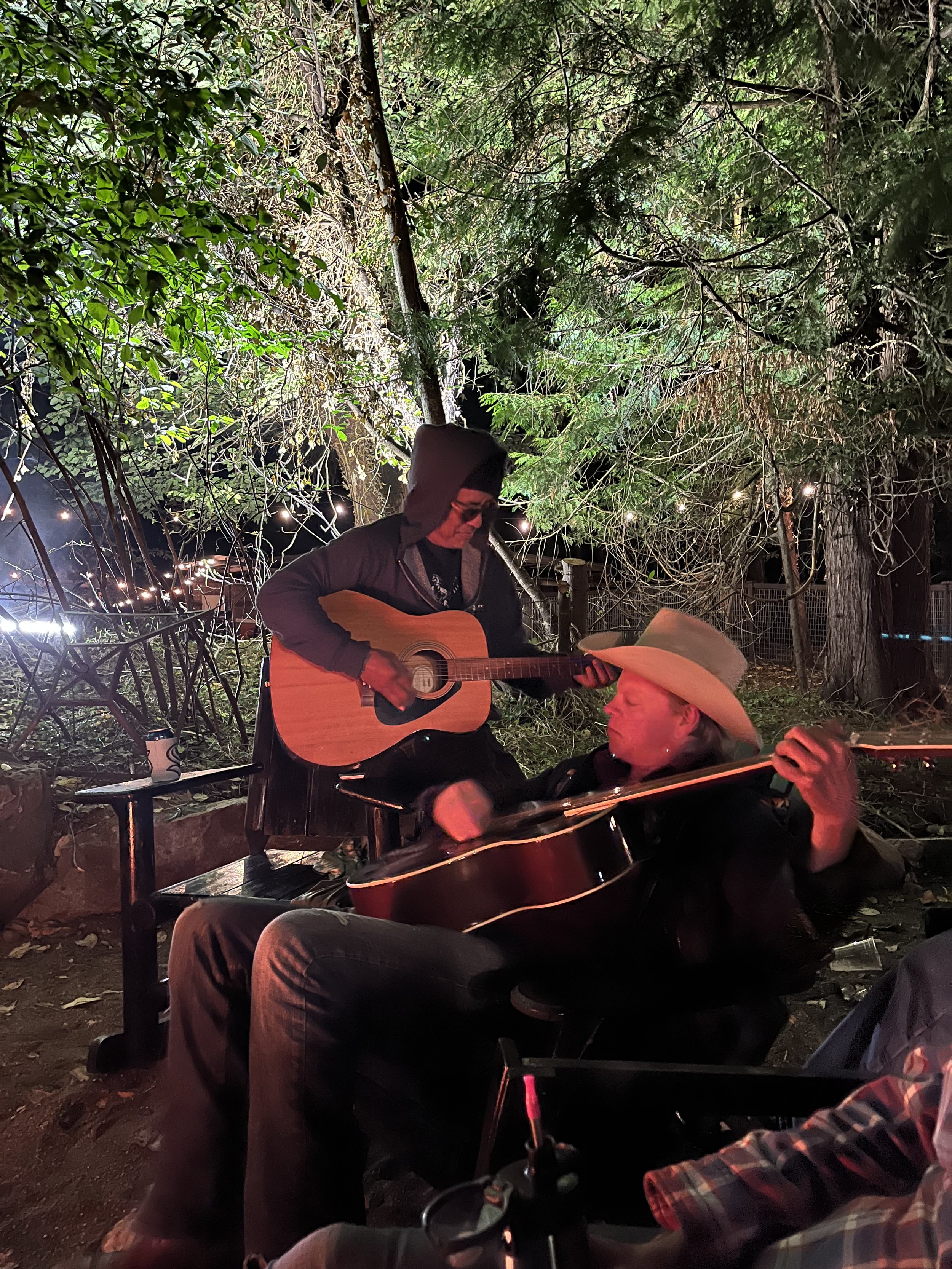 Two people playing guitars outdoors at night, surrounded by trees and string lights, with one person wearing a hood and the other wearing a wide-brimmed hat.