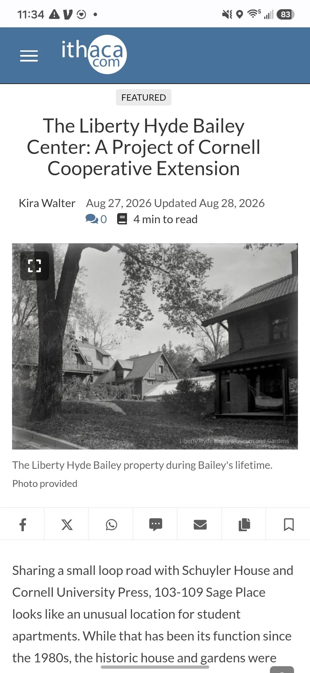 Screenshot of the top of an online news article titled "The Liberty Hyde Bailey Center: A Project of Cornell Cooperative Extension"