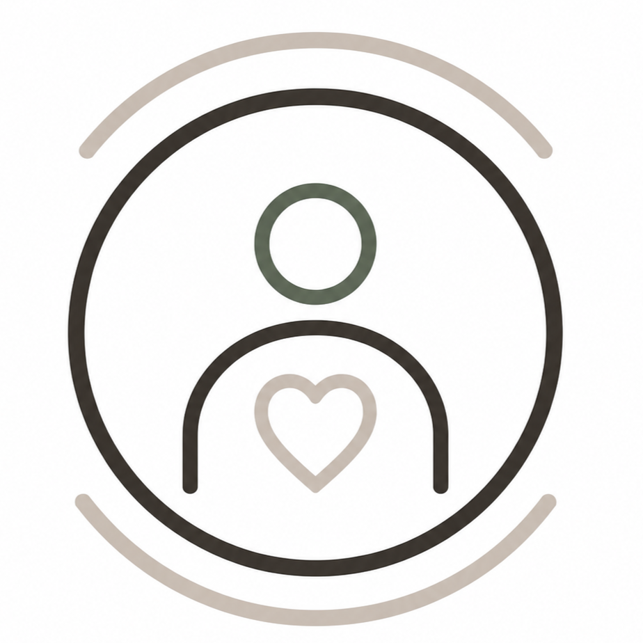 Minimalist outline of a person with a heart inside their chest, surrounded by two concentric circles.