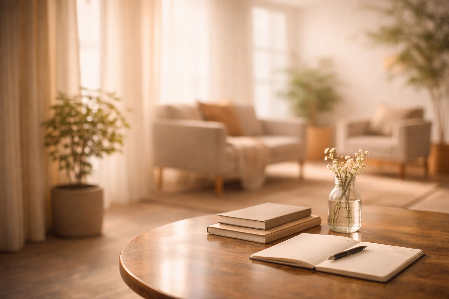 A wooden table with three closed books, an open notebook with a pen, and a vase with white flowers in a sunlit living room with beige sofas and potted plants.