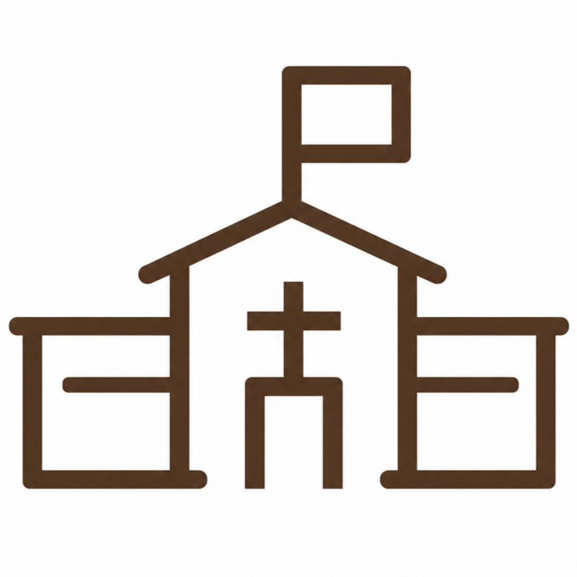 Minimalist line drawing of a church with a cross on the front and a flag on the steeple.