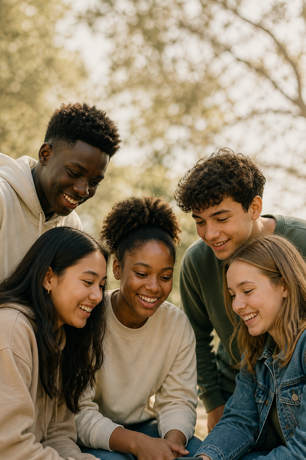 Five diverse friends smiling and gathered closely outdoors, looking down at something, surrounded by trees and warm sunlight.