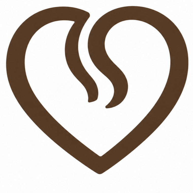 Heart-shaped logo with two stylized coffee cups forming steam inside the heart.