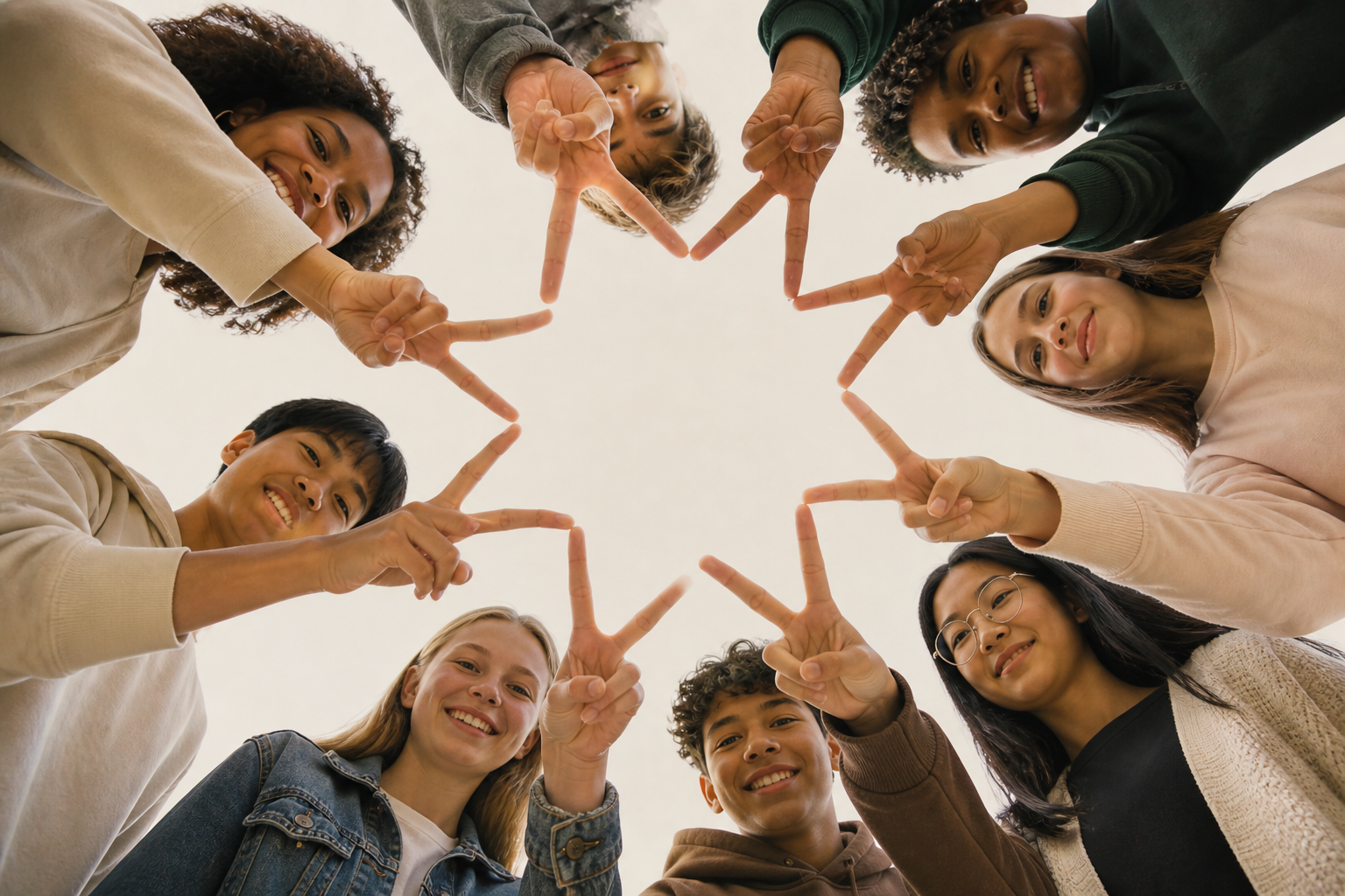 A diverse group of nine young people forming a circle and making peace signs with their hands, viewed from below against an overcast sky.