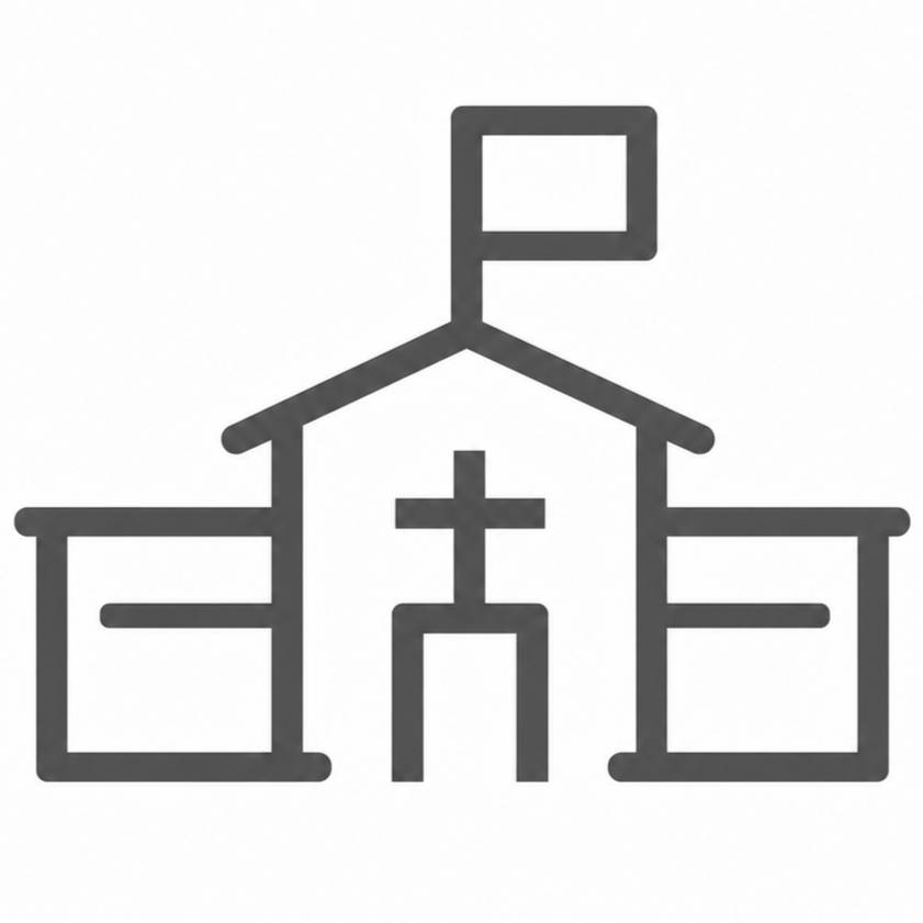 Outline of a school building with a cross on the front, a flag on top, and windows on either side of the entrance.