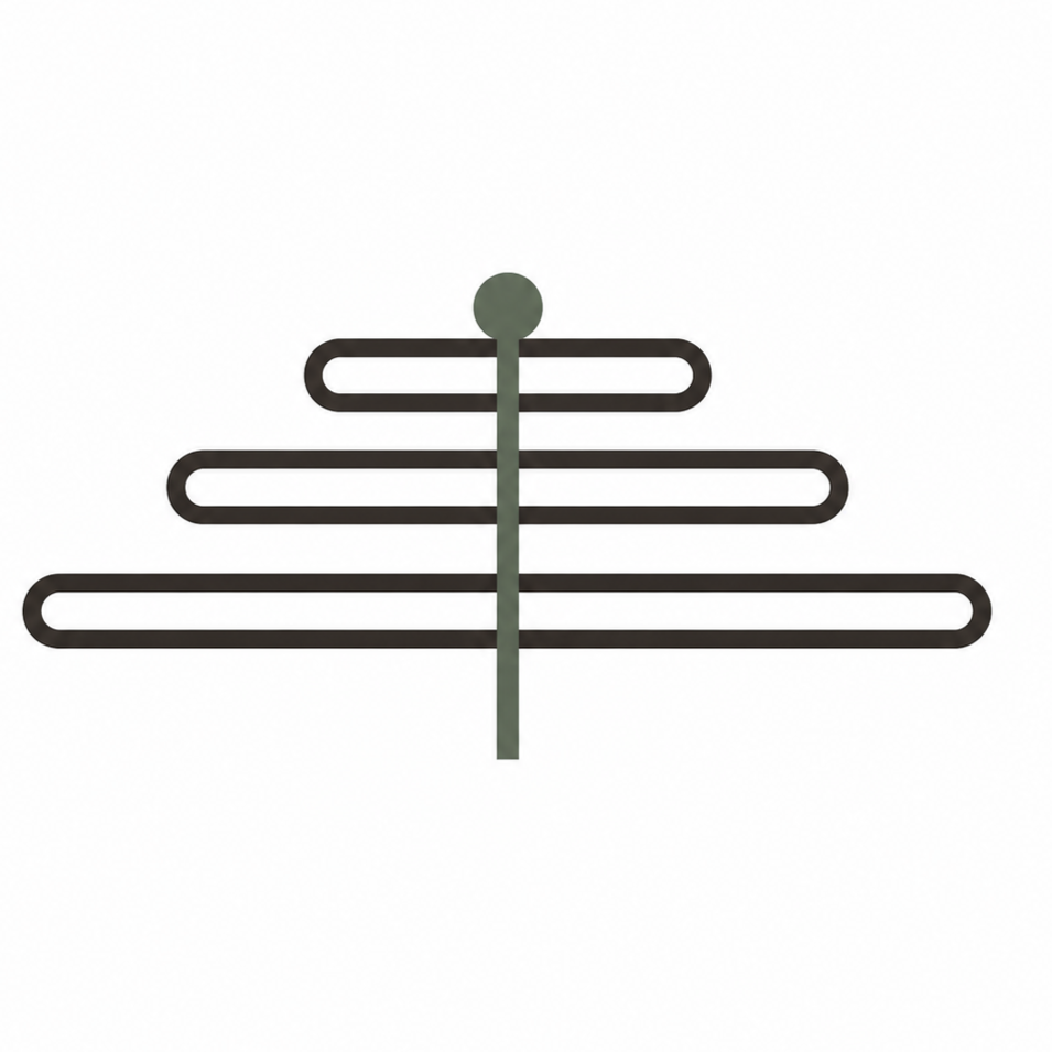 Minimalist modern art sculpture resembling a stylized Christmas tree made of horizontal black lines with a vertical line and a circle at the top, set against a white background.