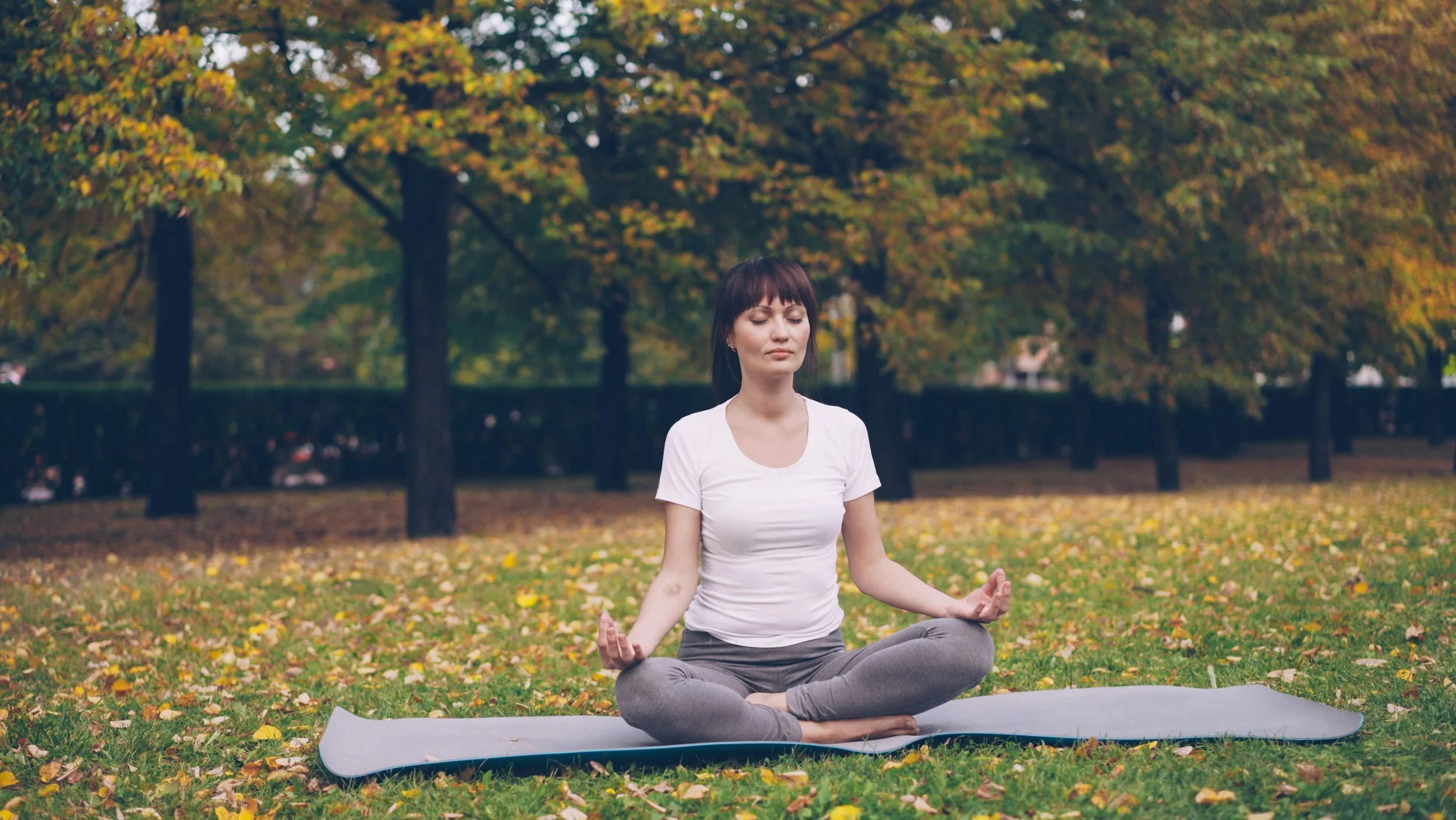 A woman practicing yoga outdoors in a park during autumn, sitting in a lotus position on a yoga mat with her eyes closed, surrounded by fallen leaves and trees with changing leaves.