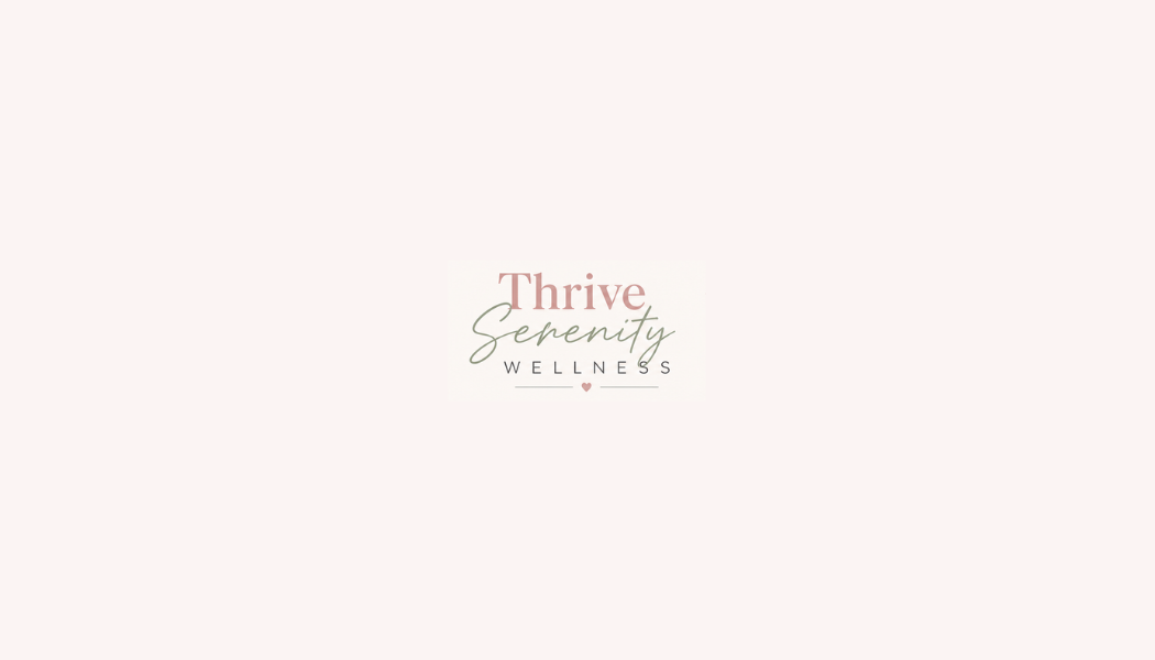 Logo for Thrive Serenity Wellness with pink, green, and black text on a light background.