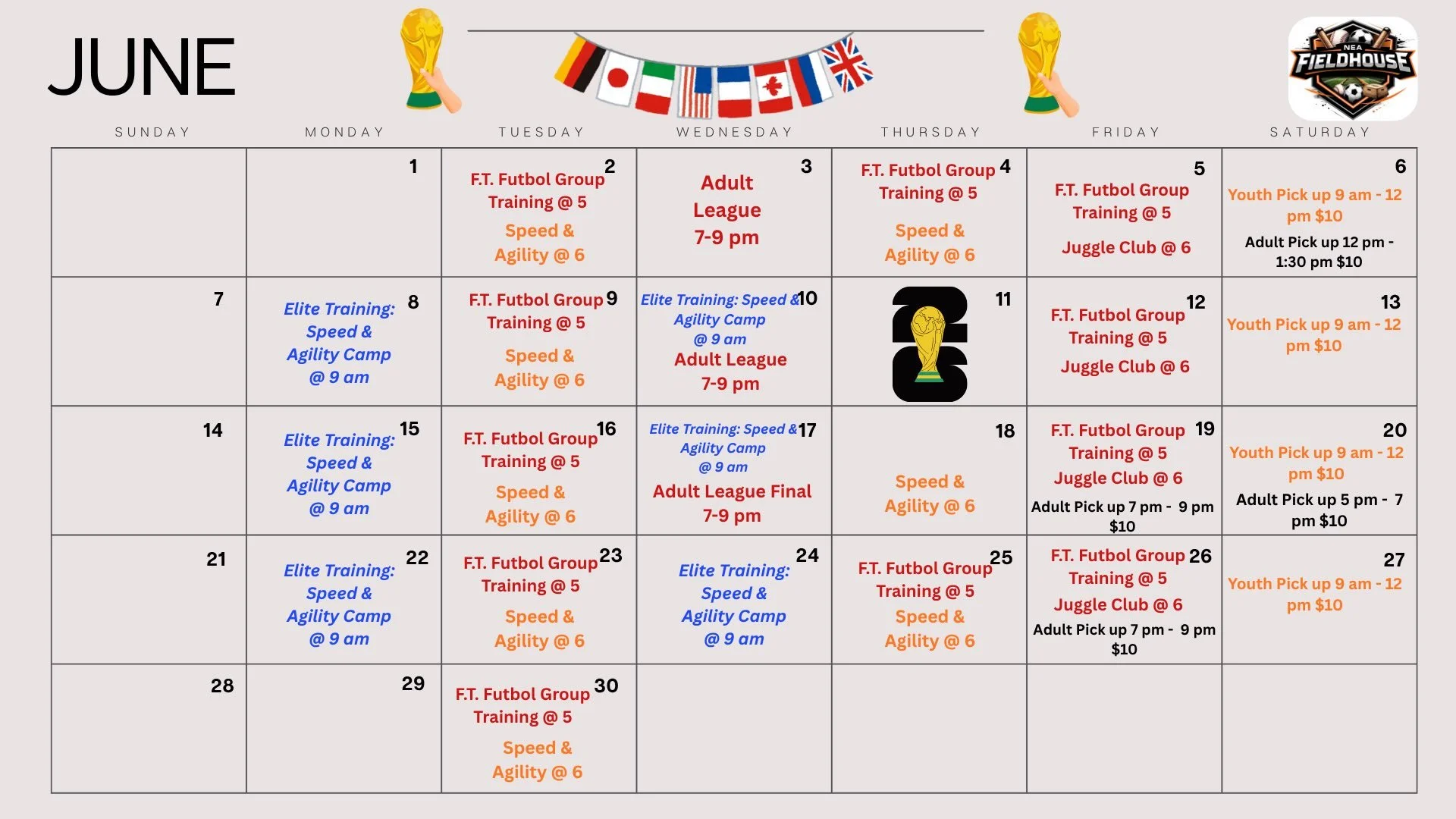 ⚽️🏟️ &iexcl;JUNIO EST&Aacute; LLENO DE ACCI&Oacute;N EN NEA FIELDHOUSE! ⚽️🏟️

Prep&aacute;rate para un mes emocionante de f&uacute;tbol, entrenamiento de velocidad, competencias y eventos para toda la comunidad. Ya sea que quieras mejorar tus habil
