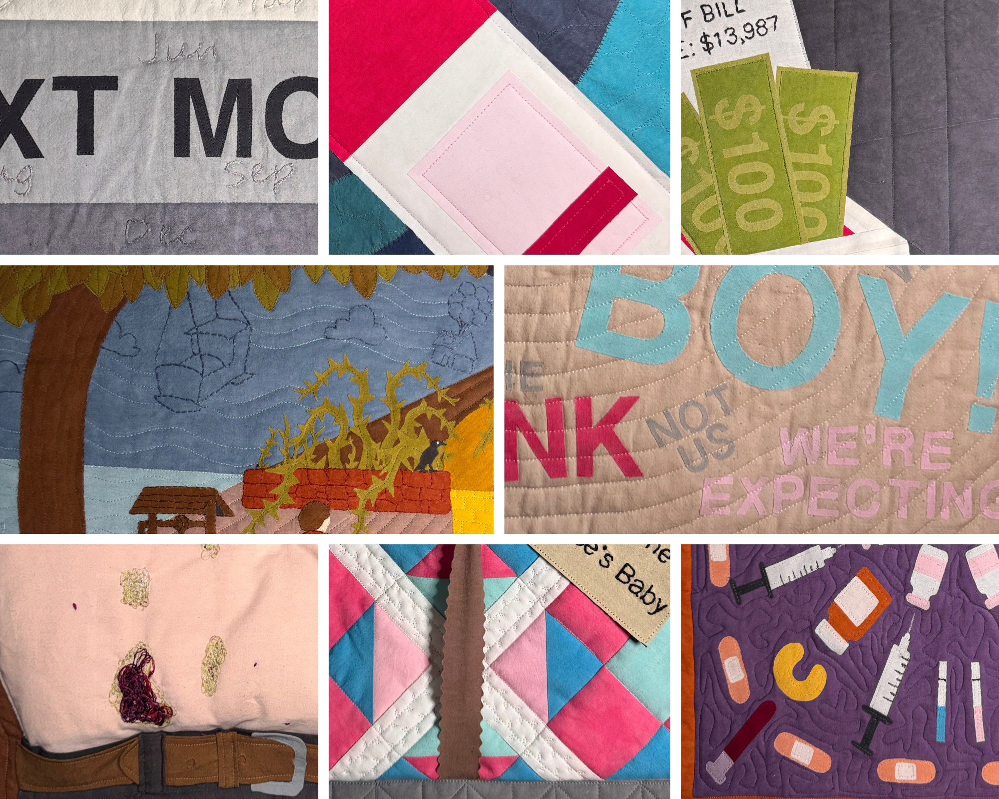 Collage image of different close ups from quilt series in blocks