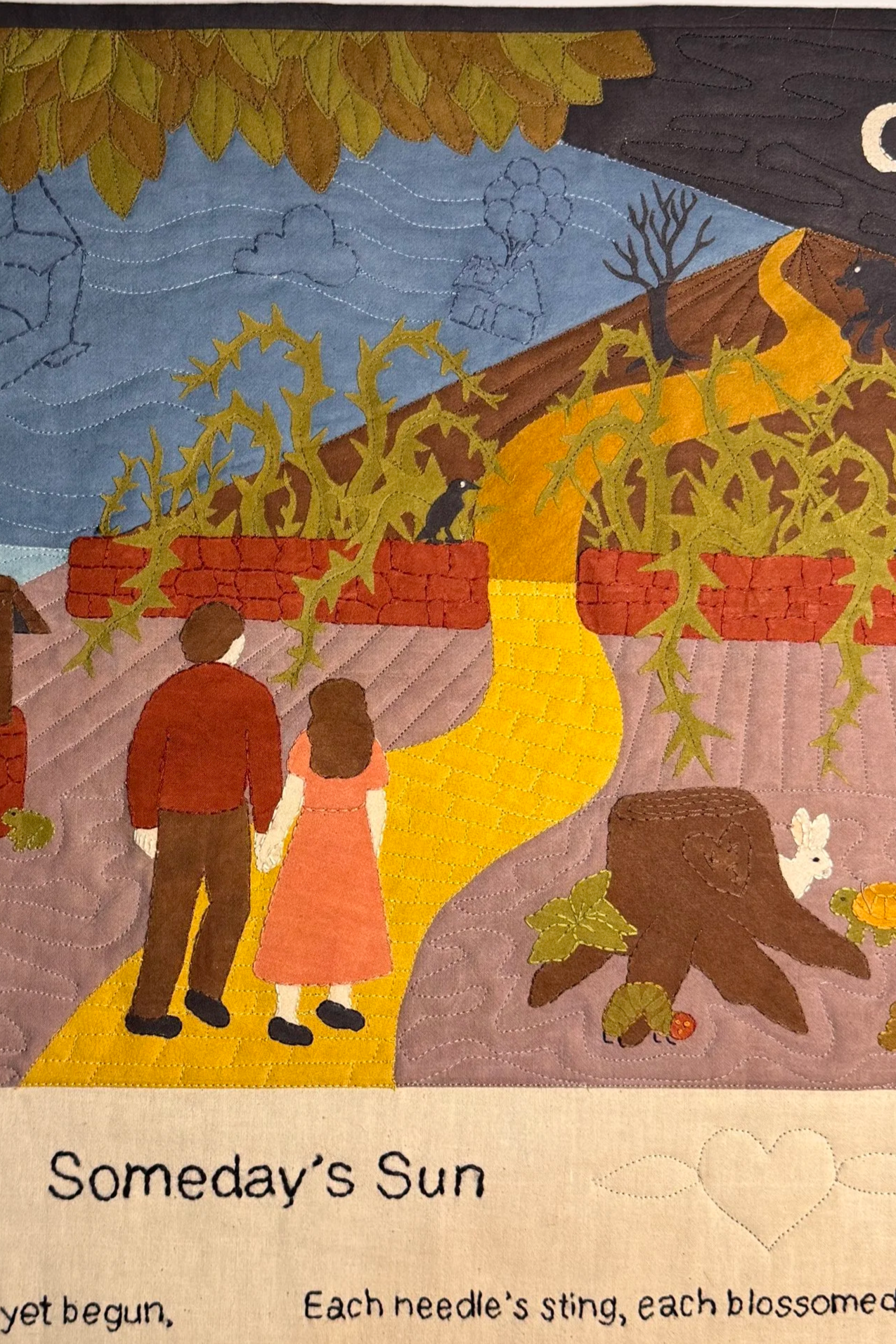 Couple walking on a path towards darkness with a snippet of a poem below