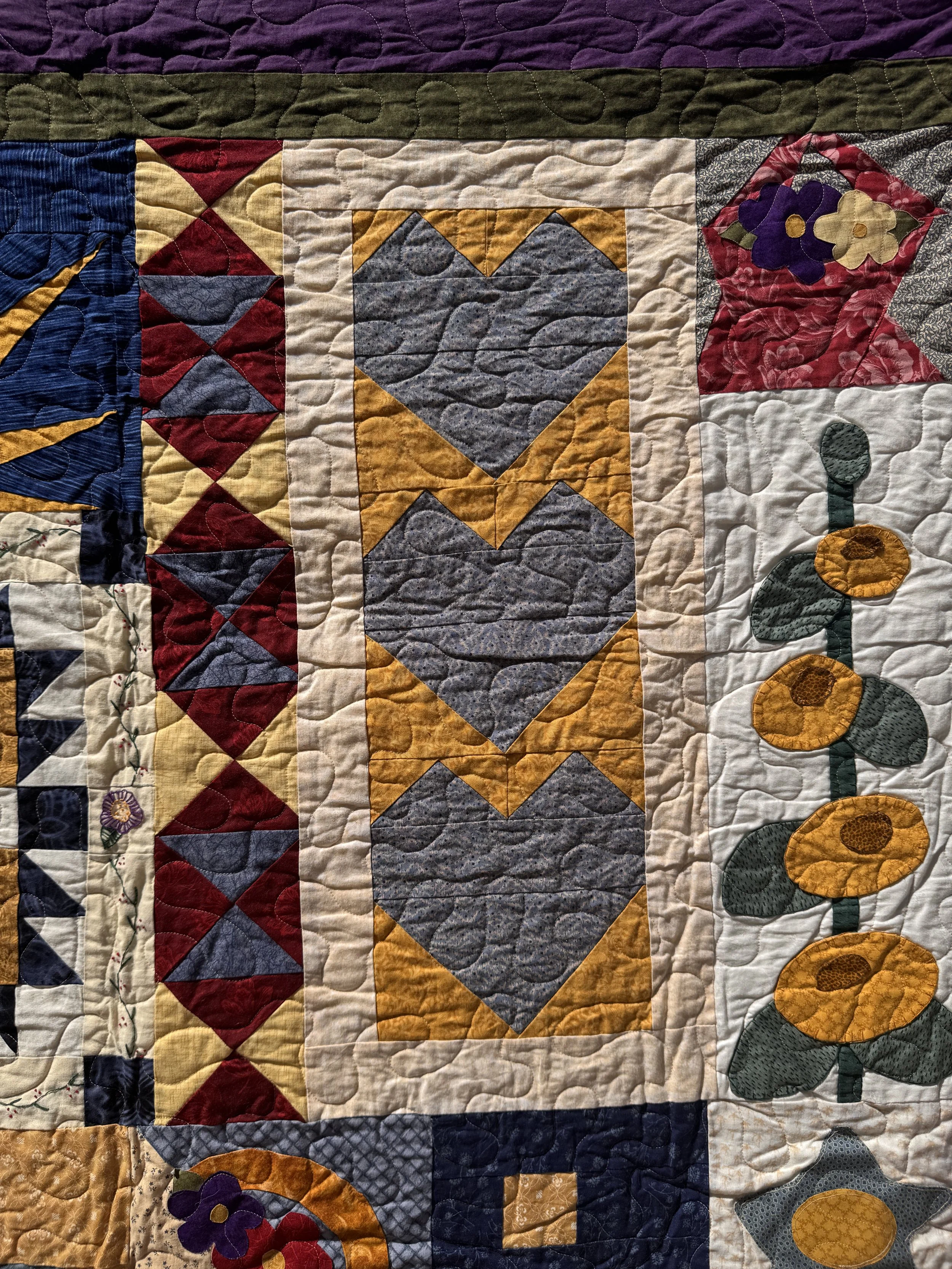 "Caught Up in Stitches" BOTM Sampler Closeup Quilt (Pattern: Jolyn Buhl)