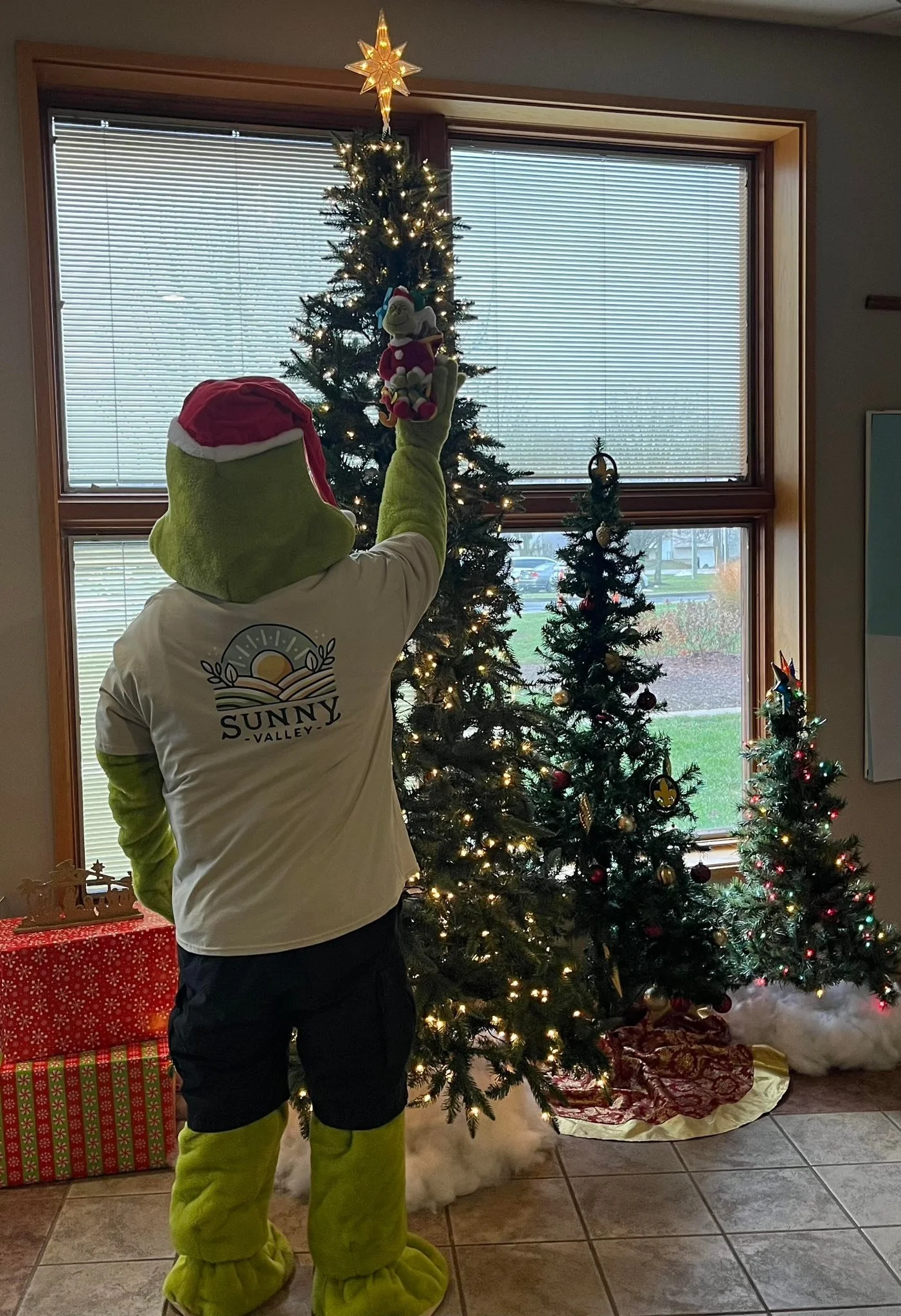 A person dressed as the Grinch, wearing a Santa hat and a Sunny Valley t-shirt, decorating a Christmas tree with a plush Grinch ornament. The scene includes multiple decorated Christmas trees and wrapped presents.