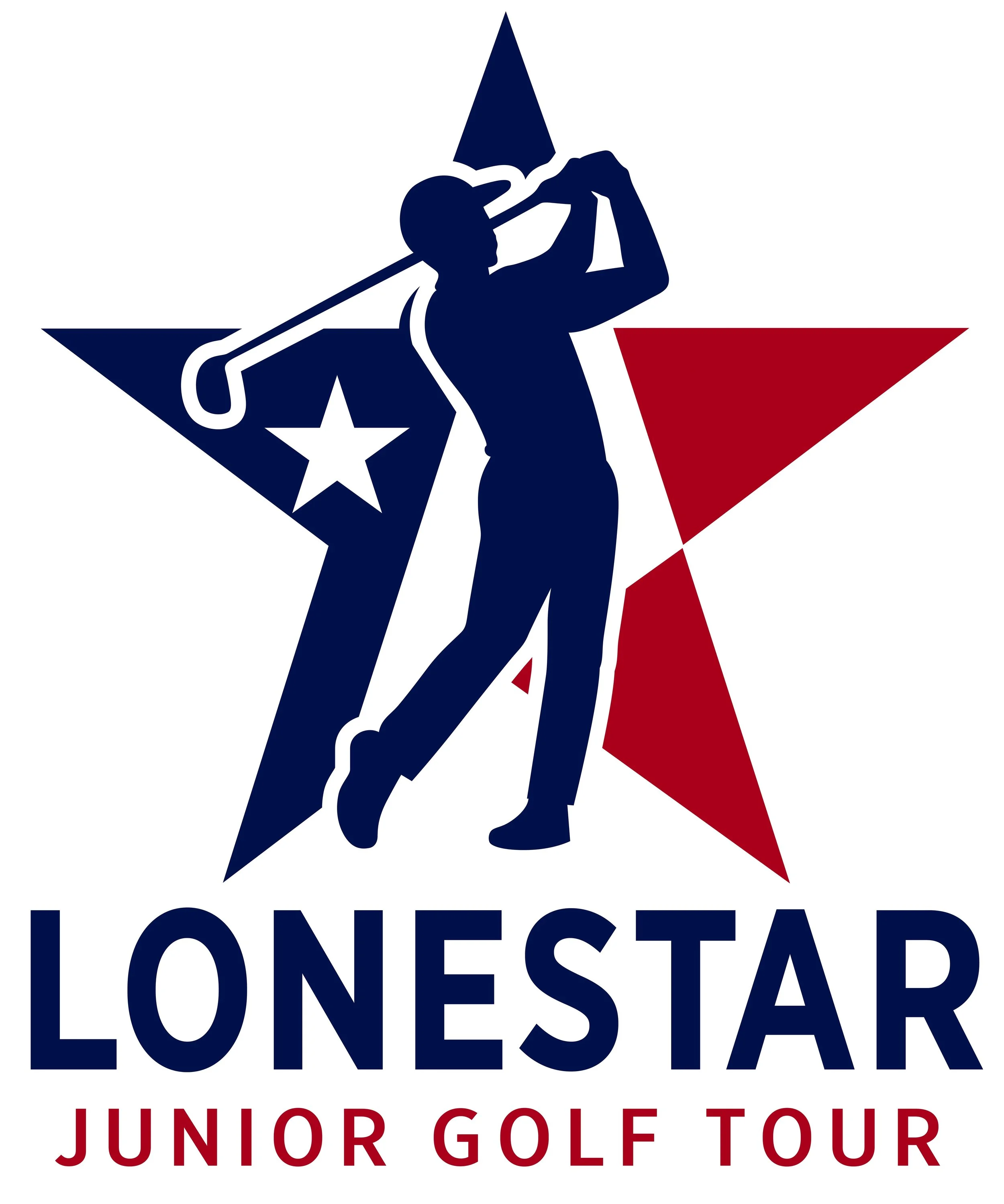 Logo for the Longstar Junior Golf Tour featuring a navy silhouette of a young golfer swinging a club, with a red star and blue star in the background, and text reading "Longstar Junior Golf Tour" in navy and red.