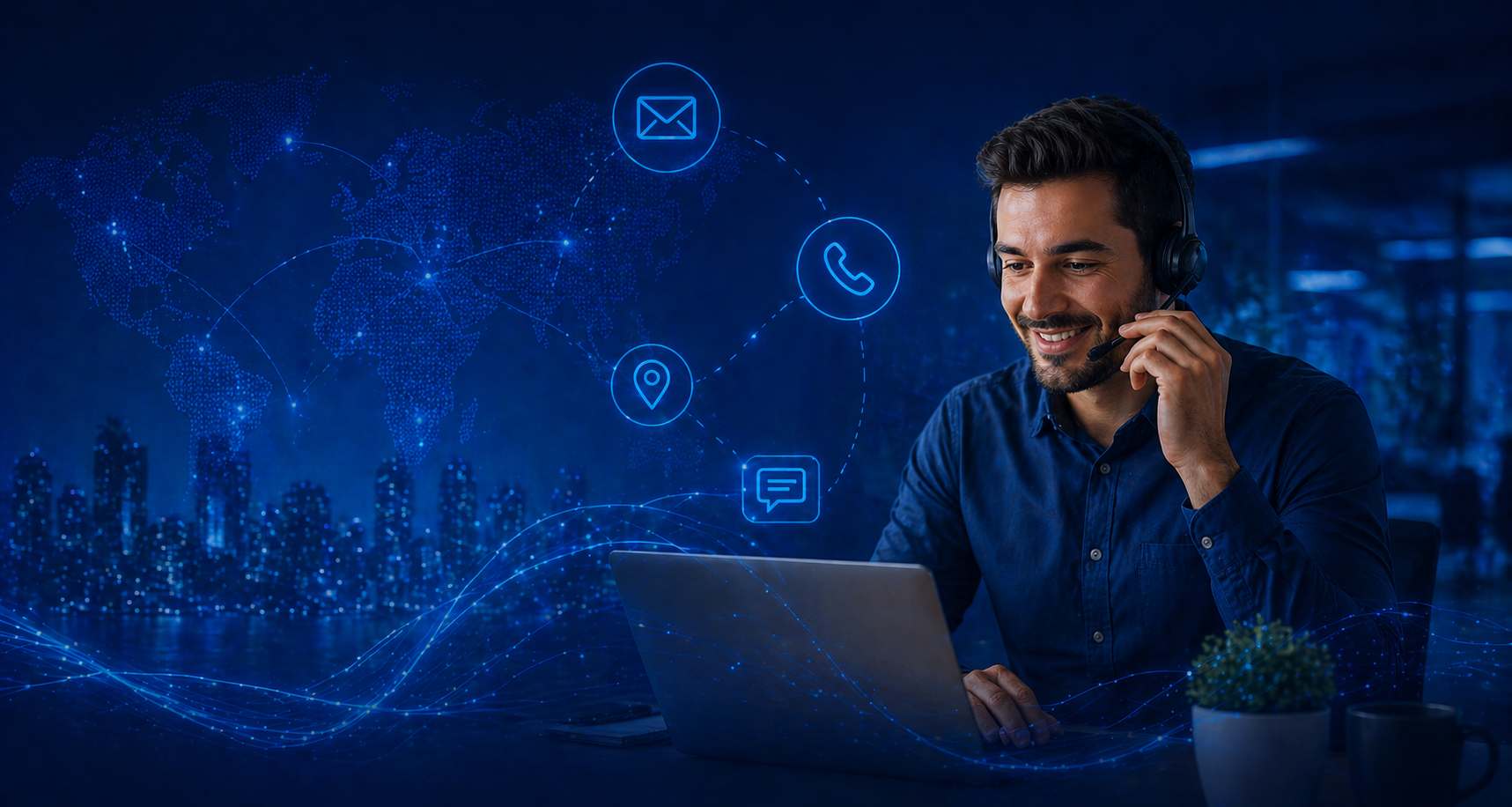 Hombre con auriculares y computadora en un entorno digital con íconos de comunicación y mapas en línea.