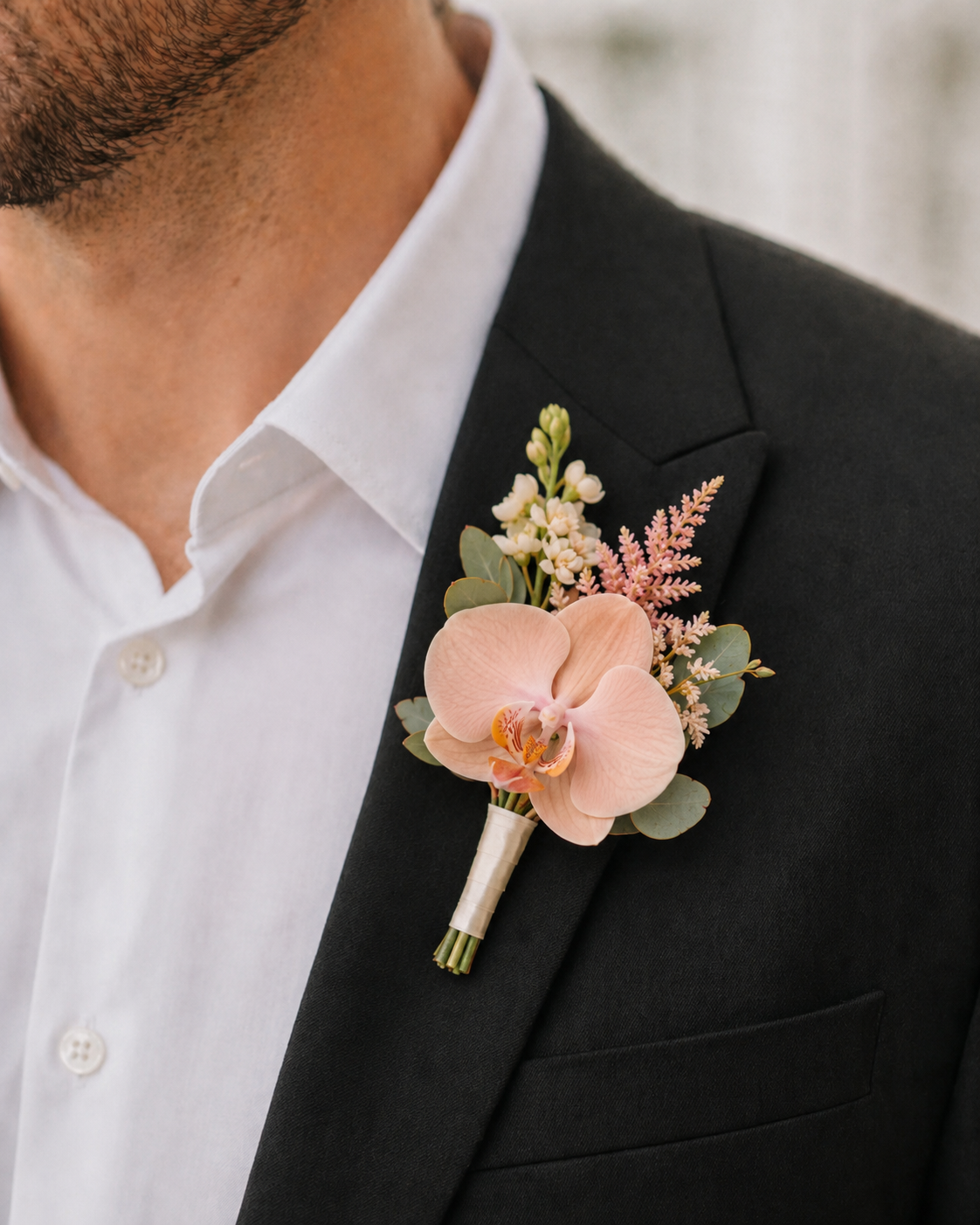 Wild Coral Bloom Groom Boutonniere
