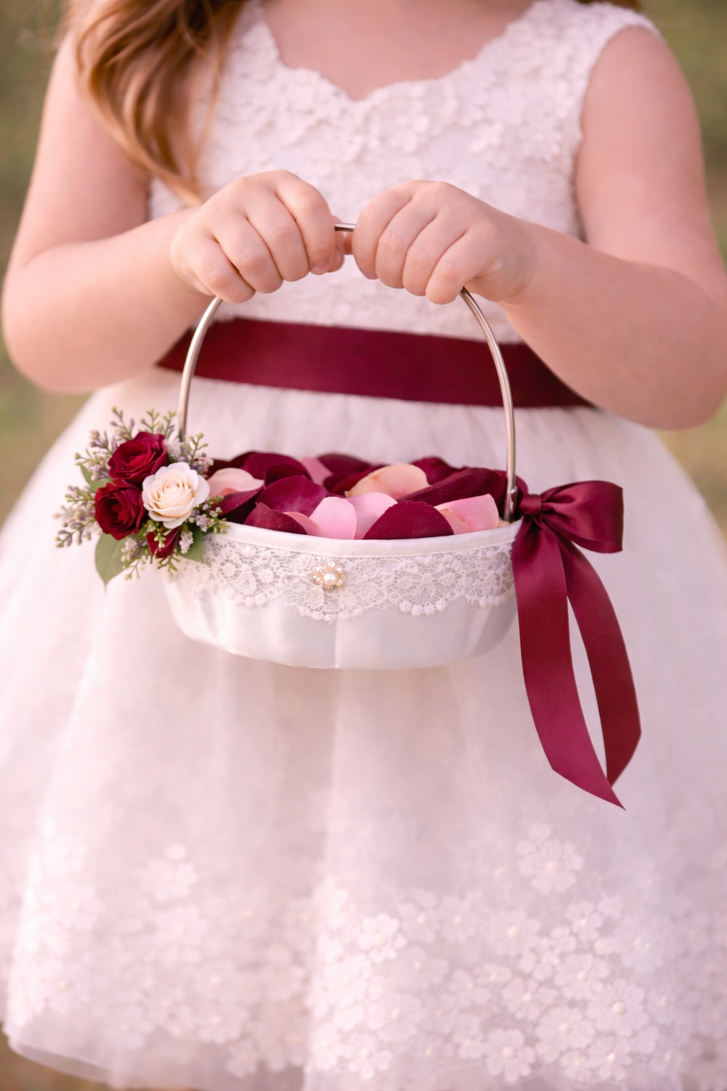 Burgundy Flame Flower Girl Basket