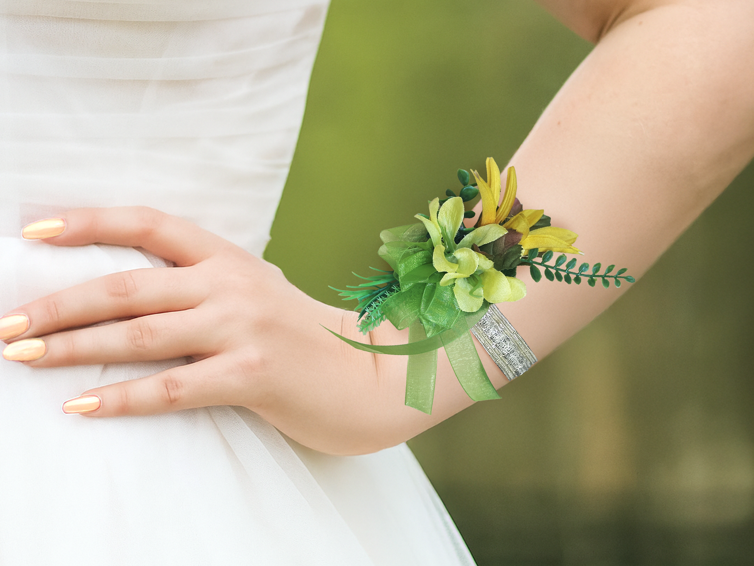Yellow and Lime corsage on wrist outside.png