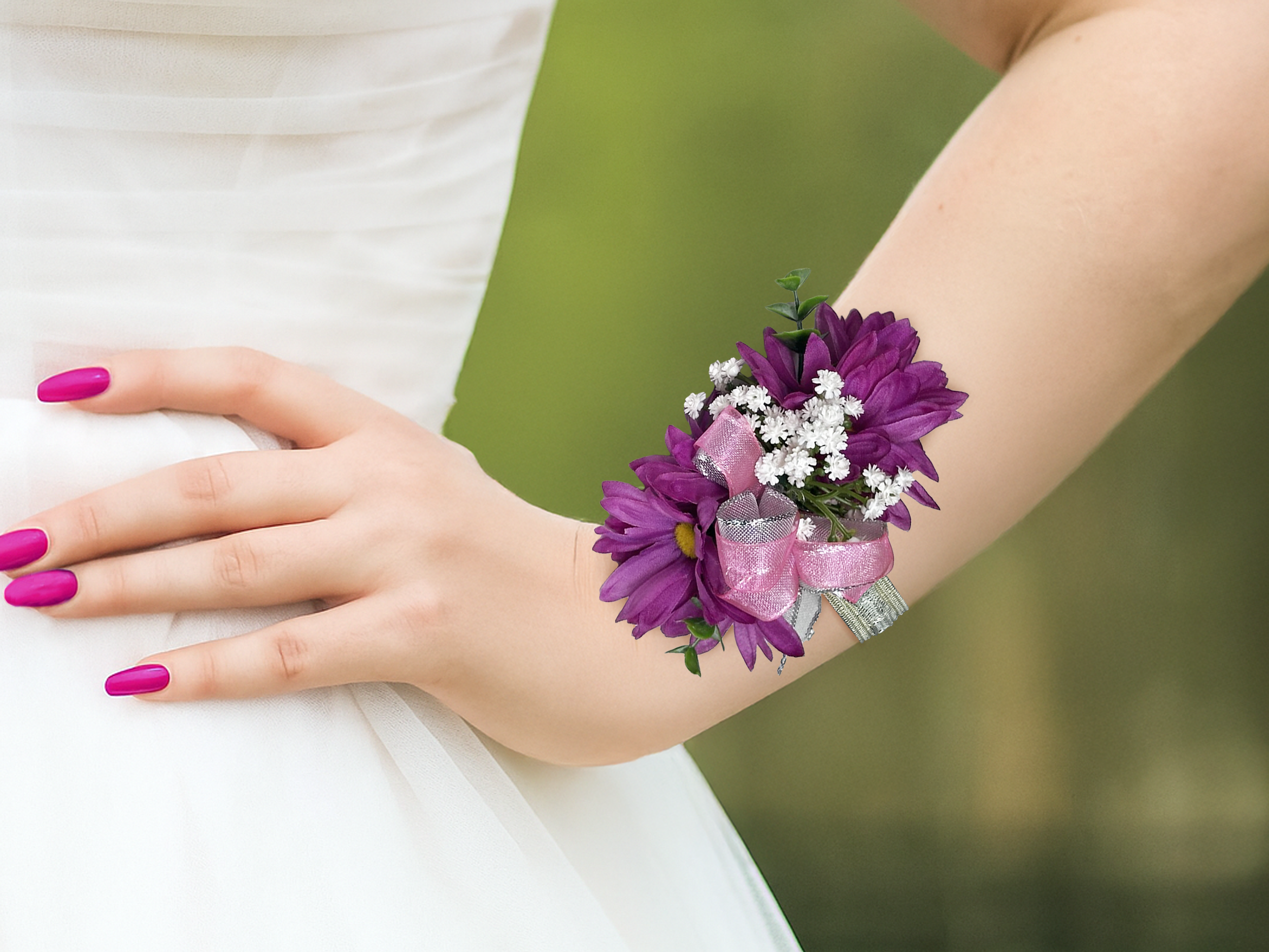 Pink corsage on wrist outside.png