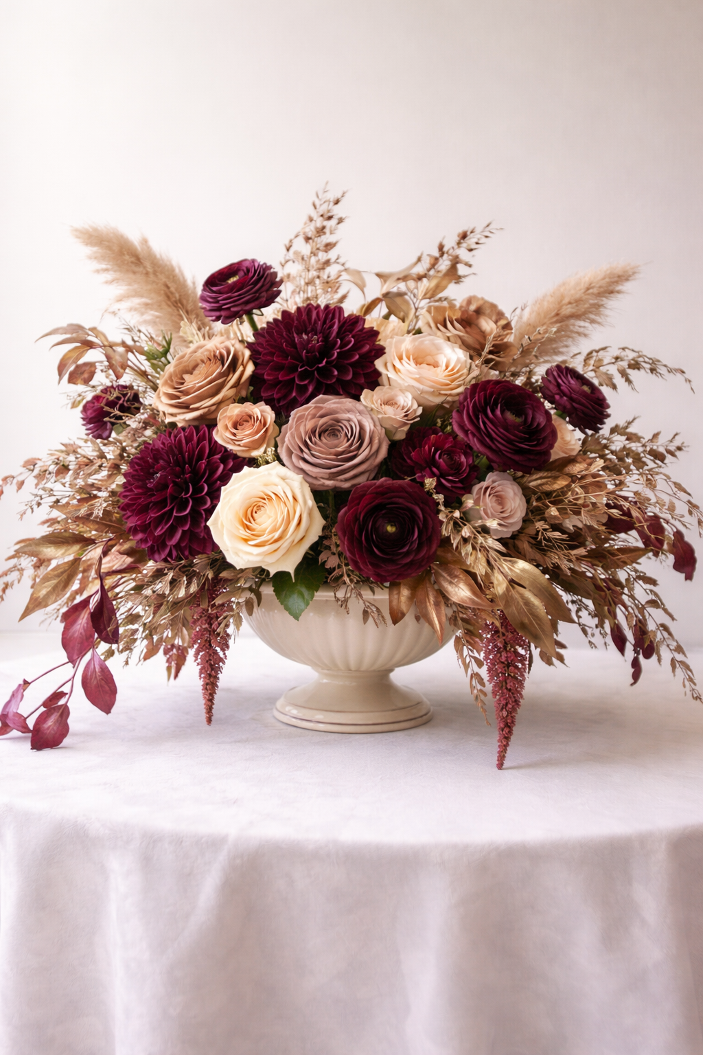 Elegant floral arrangement in gold vase.png